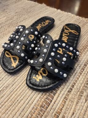 Sam Edelman BAY Sandal Black With Pearl & Stud Embellished Slides